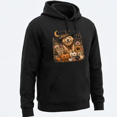Vintage design of a Golden Retriever in a witch hat among pumpkins and flowers, with autumn colors — printed on a unisex hoodie