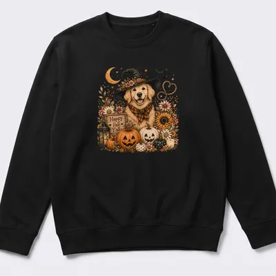 Vintage design of a Golden Retriever in a witch hat among pumpkins and flowers, with autumn colors — printed on a unisex sweatshirt
