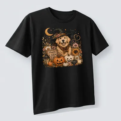 Vintage design of a Golden Retriever in a witch hat among pumpkins and flowers, with autumn colors — printed on a unisex t-shirt (angled view)