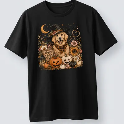 Vintage design of a Golden Retriever in a witch hat among pumpkins and flowers, with autumn colors — printed on a unisex t-shirt