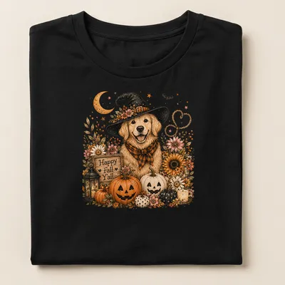 Vintage design of a Golden Retriever in a witch hat among pumpkins and flowers, with autumn colors — printed on a women's shirt