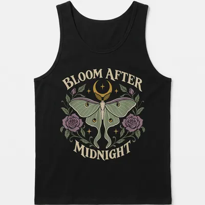 Gothic Luna Moth t-shirt with the text 'BLOOM AFTER MIDNIGHT' and a detailed moth illustration — printed on a tank top