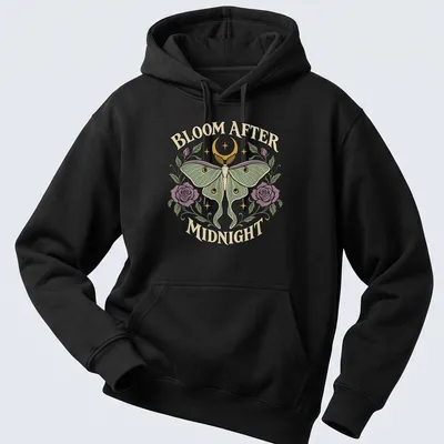 Gothic Luna Moth t-shirt with the text 'BLOOM AFTER MIDNIGHT' and a detailed moth illustration — printed on a unisex hoodie