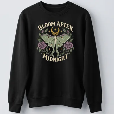 Gothic Luna Moth t-shirt with the text 'BLOOM AFTER MIDNIGHT' and a detailed moth illustration — printed on a unisex sweatshirt