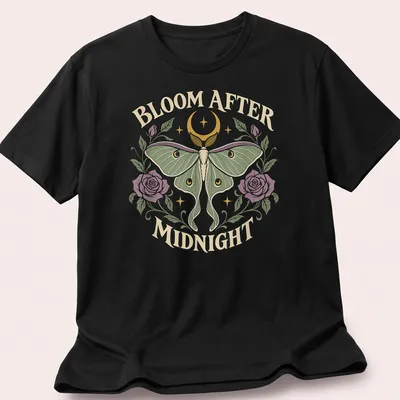 Gothic Luna Moth t-shirt with the text 'BLOOM AFTER MIDNIGHT' and a detailed moth illustration