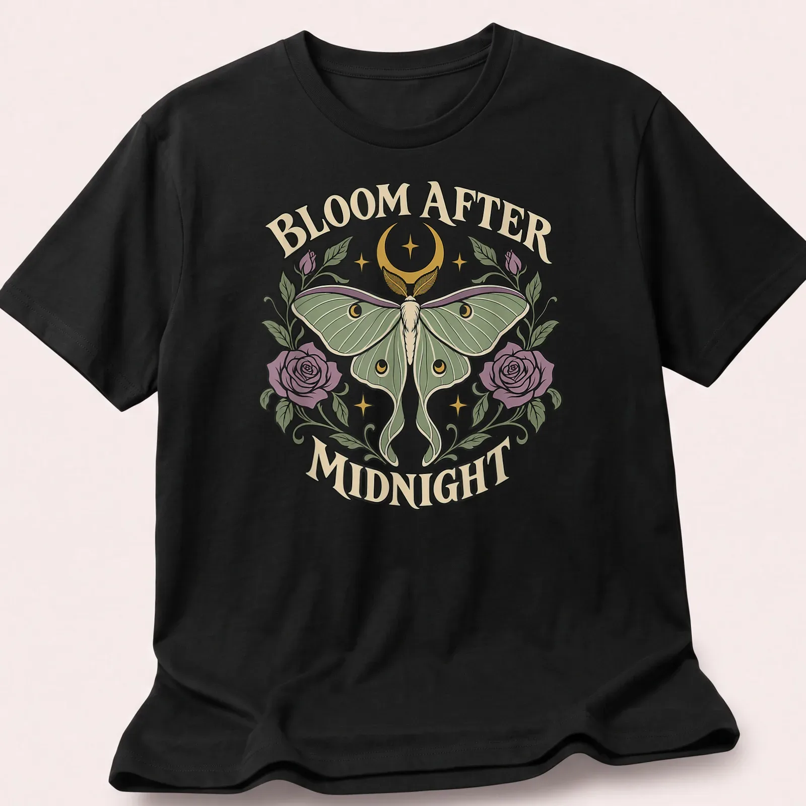 Gothic Luna Moth t-shirt with the text 'BLOOM AFTER MIDNIGHT' and a detailed moth illustration — printed on a unisex t-shirt