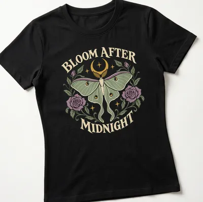 Gothic Luna Moth t-shirt with the text 'BLOOM AFTER MIDNIGHT' and a detailed moth illustration — printed on a women's shirt