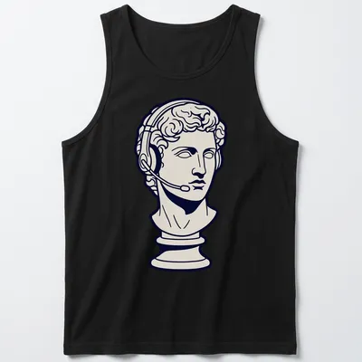 Line art Greek bust with headset on navy blue background — printed on a tank top