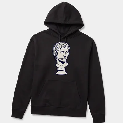 Line art Greek bust with headset on navy blue background — printed on a unisex hoodie