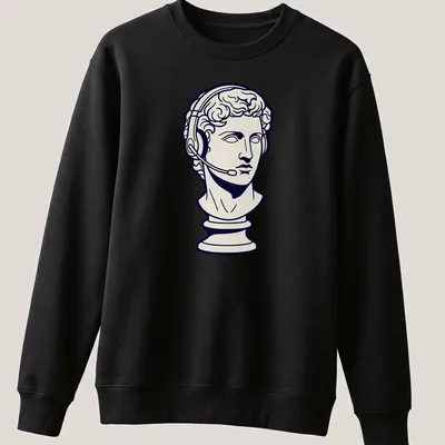 Line art Greek bust with headset on navy blue background — printed on a unisex sweatshirt