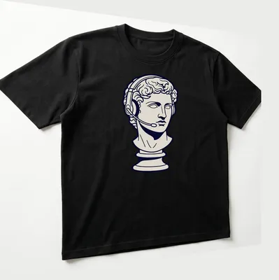Line art Greek bust with headset on navy blue background — printed on a unisex t-shirt (angled view)