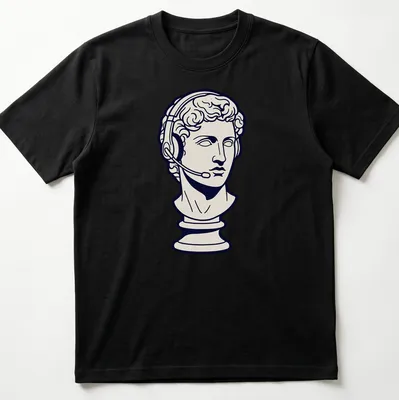 Line art Greek bust with headset on navy blue background