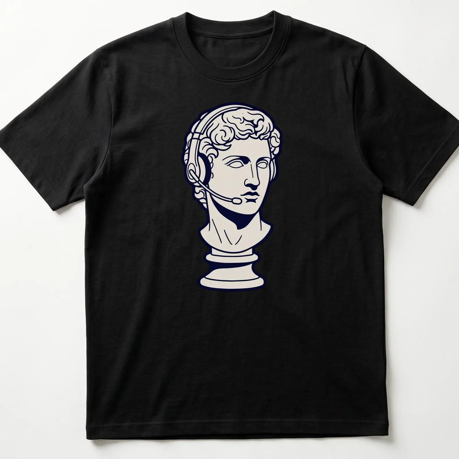 Line art Greek bust with headset on navy blue background — printed on a unisex t-shirt