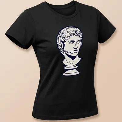 Line art Greek bust with headset on navy blue background — printed on a women's shirt