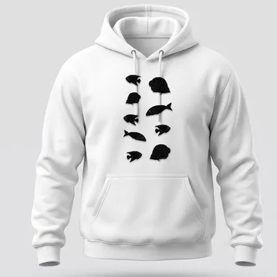 Simple black silhouette of a group of fish on a — printed on a unisex hoodie