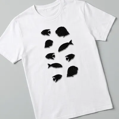 Simple black silhouette of a group of fish on a T-shirt