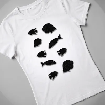 Simple black silhouette of a group of fish on a — printed on a women's shirt