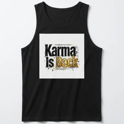 Grunge typography t-shirt featuring the phrase Karma Is Back in bold black, gold, and white — printed on a tank top