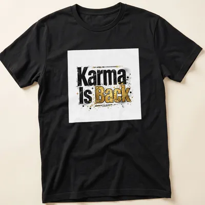 Grunge typography t-shirt featuring the phrase Karma Is Back in bold black, gold, and white