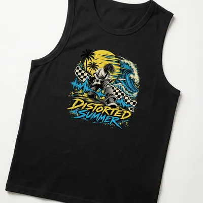 Retro distressed tee featuring a guitarist surrounded by a summer music scene with vibrant colors — printed on a tank top