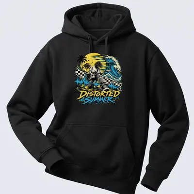 Retro distressed tee featuring a guitarist surrounded by a summer music scene with vibrant colors — printed on a unisex hoodie