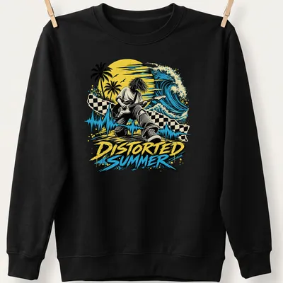 Retro distressed tee featuring a guitarist surrounded by a summer music scene with vibrant colors — printed on a unisex sweatshirt