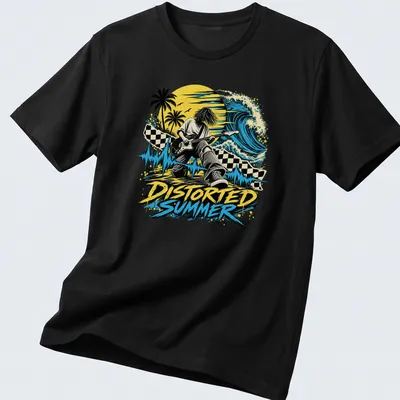 Retro distressed tee featuring a guitarist surrounded by a summer music scene with vibrant colors