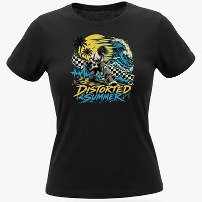 Retro distressed tee featuring a guitarist surrounded by a summer music scene with vibrant colors — printed on a women's shirt