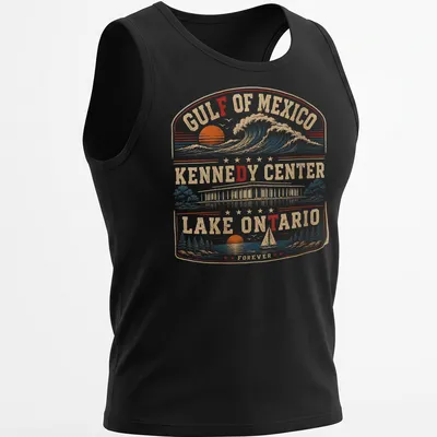 Vintage retro T-shirt featuring Gulf of Mexico, Lake Ontario, and Kennedy Center text in nostalgia-inspired colors. — printed on a tank top