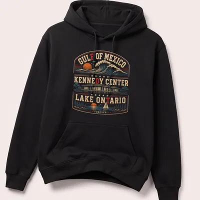 Vintage retro T-shirt featuring Gulf of Mexico, Lake Ontario, and Kennedy Center text in nostalgia-inspired colors. — printed on a unisex hoodie
