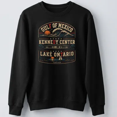 Vintage retro T-shirt featuring Gulf of Mexico, Lake Ontario, and Kennedy Center text in nostalgia-inspired colors. — printed on a unisex sweatshirt