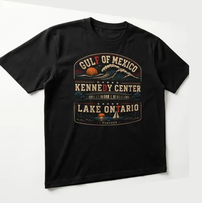Vintage retro T-shirt featuring Gulf of Mexico, Lake Ontario, and Kennedy Center text in nostalgia-inspired colors. — printed on a unisex t-shirt (angled view)