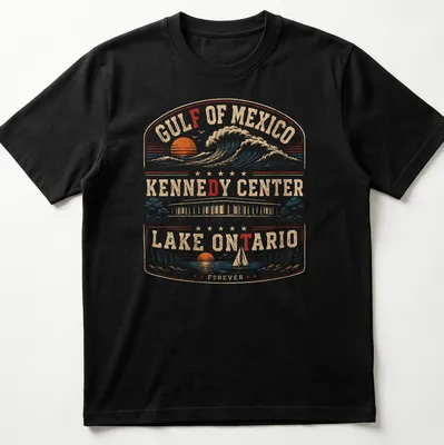 Vintage retro T-shirt featuring Gulf of Mexico, Lake Ontario, and Kennedy Center text in nostalgia-inspired colors.