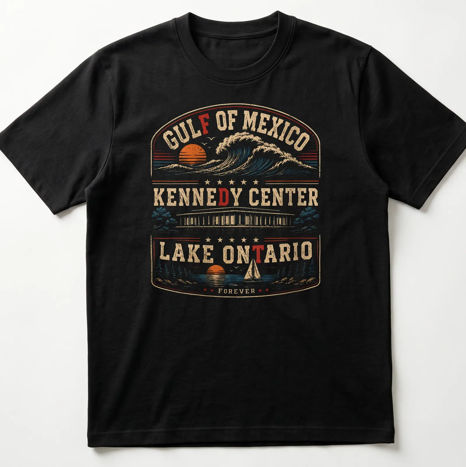 Vintage retro T-shirt featuring Gulf of Mexico, Lake Ontario, and Kennedy Center text in nostalgia-inspired colors. — printed on a unisex t-shirt