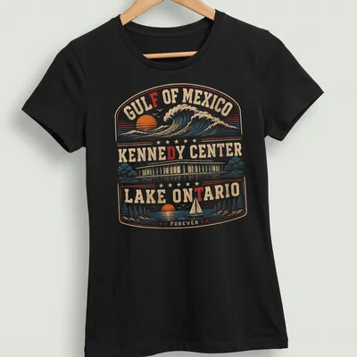 Vintage retro T-shirt featuring Gulf of Mexico, Lake Ontario, and Kennedy Center text in nostalgia-inspired colors. — printed on a women's shirt