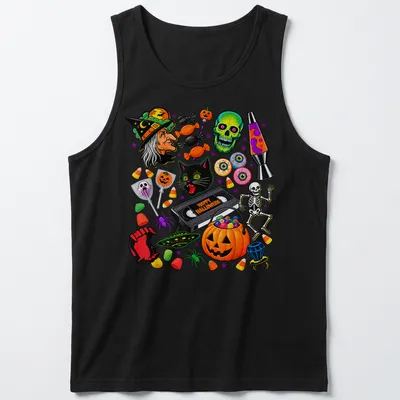 Colorful cartoon Halloween shirt featuring a black cat, pumpkin, and skull with Happy Halloween text — printed on a tank top