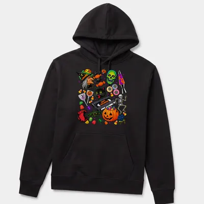 Colorful cartoon Halloween shirt featuring a black cat, pumpkin, and skull with Happy Halloween text — printed on a unisex hoodie