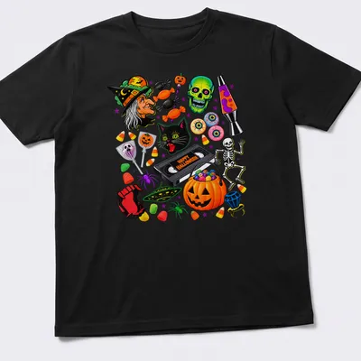 Colorful cartoon Halloween shirt featuring a black cat, pumpkin, and skull with Happy Halloween text