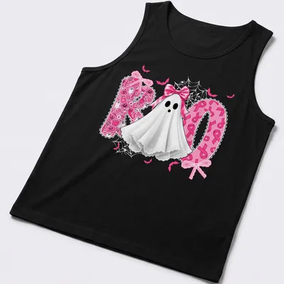 Cute Halloween ghost with pink ribbon bow and 'Boo' text in playful font. — printed on a tank top