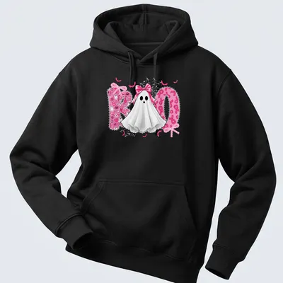 Cute Halloween ghost with pink ribbon bow and 'Boo' text in playful font. — printed on a unisex hoodie