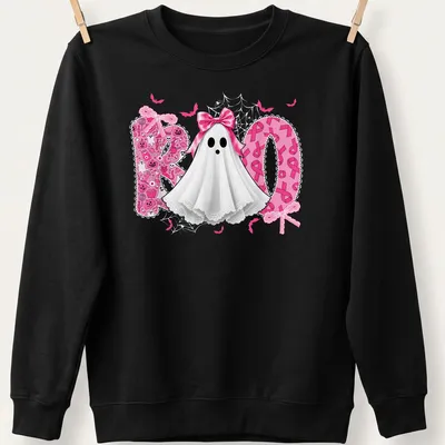 Cute Halloween ghost with pink ribbon bow and 'Boo' text in playful font. — printed on a unisex sweatshirt