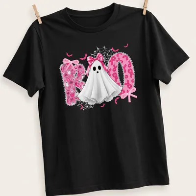 Cute Halloween ghost with pink ribbon bow and 'Boo' text in playful font.