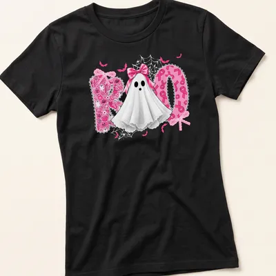 Cute Halloween ghost with pink ribbon bow and 'Boo' text in playful font. — printed on a women's shirt
