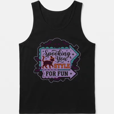 Playful Halloween-themed t-shirt featuring a black cat in a witch hat with colorful text. — printed on a tank top