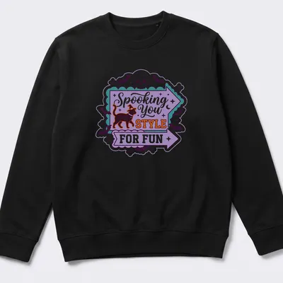 Playful Halloween-themed t-shirt featuring a black cat in a witch hat with colorful text. — printed on a unisex sweatshirt