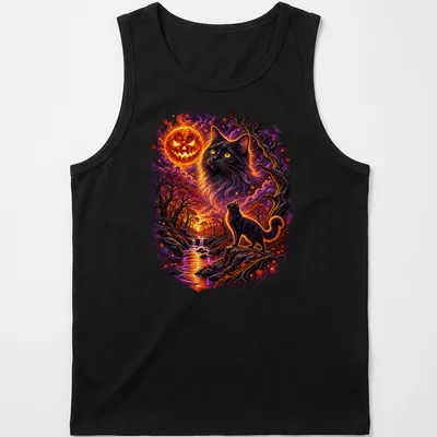 Whimsical black cat sitting against a vibrant pumpkin moon and sunset background — printed on a tank top