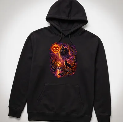 Whimsical black cat sitting against a vibrant pumpkin moon and sunset background — printed on a unisex hoodie