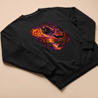 Whimsical black cat sitting against a vibrant pumpkin moon and sunset background — printed on a unisex sweatshirt