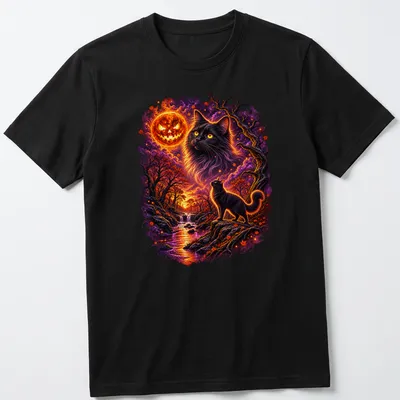 Whimsical black cat sitting against a vibrant pumpkin moon and sunset background