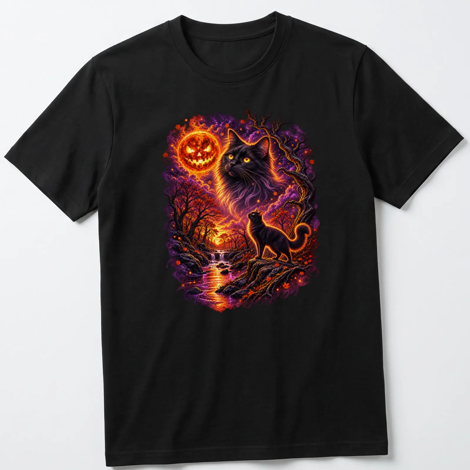 Whimsical black cat sitting against a vibrant pumpkin moon and sunset background — printed on a unisex t-shirt
